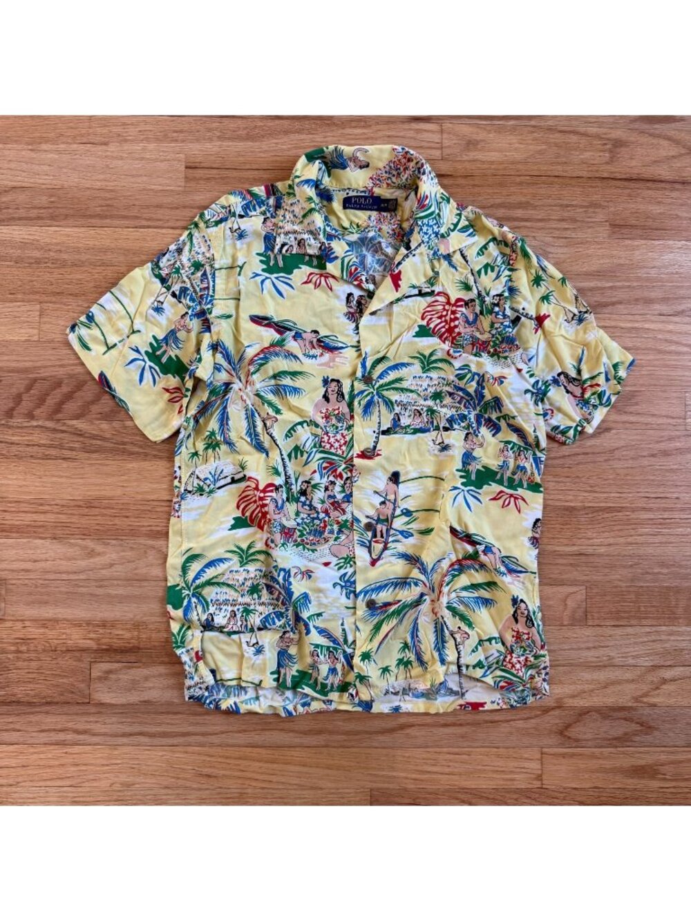 Polo Ralph Lauren Yellow Viscose Hula Dancer Hawaiian Shirt Medium